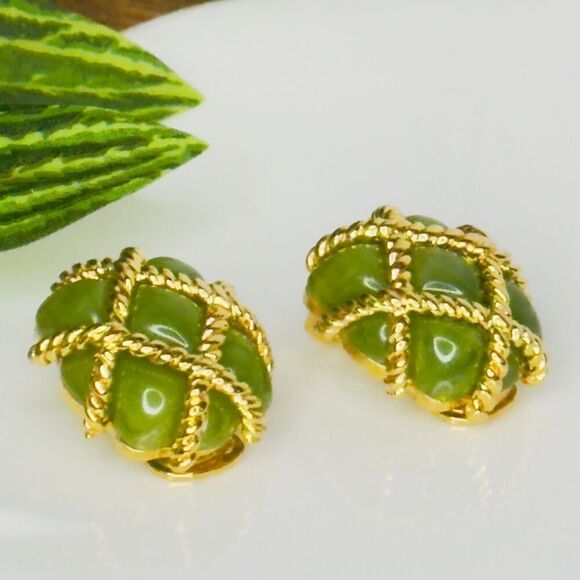 Vintage KJL Kenneth J Lane Earrings Gold Rope Quilted Green Lucite Clip On 1133 - Picture 4 of 15